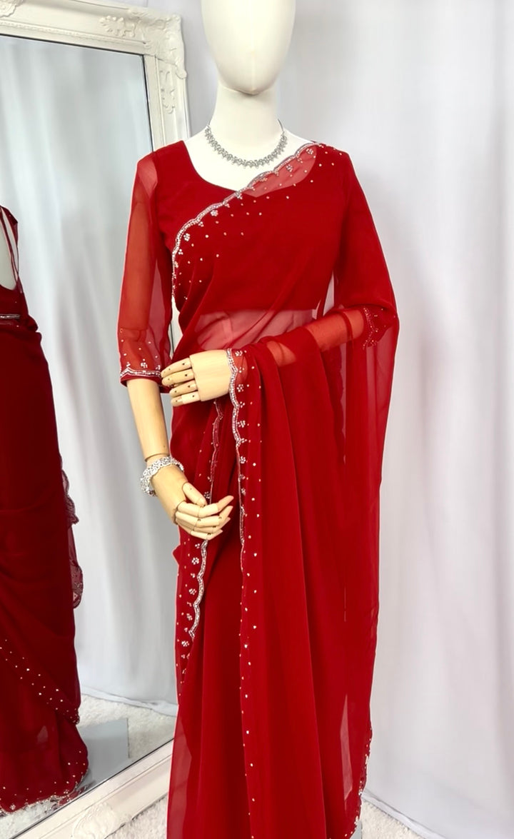 Red Georgette Saree with Readymade Blouse