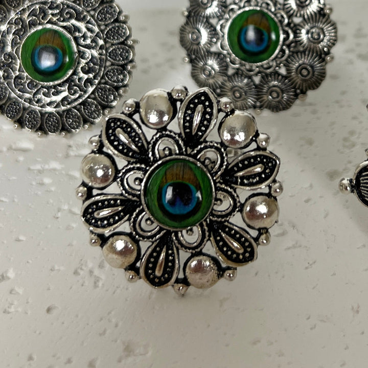 Oxidised Peacock Feather Adjustable Ring