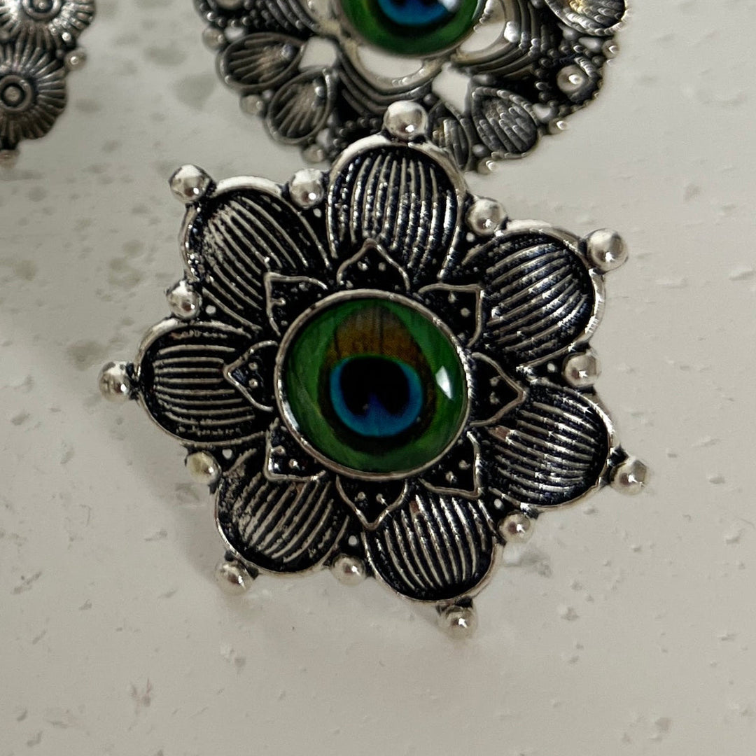 Oxidised Peacock Feather Adjustable Ring