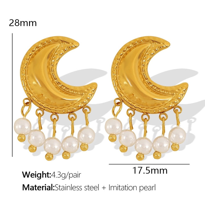Moon Beaded Tassel Pearl Stainless Steel 18K Gold Plated Ear Studs
