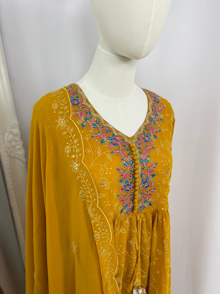 Mustard Embroidered Kurtha Set