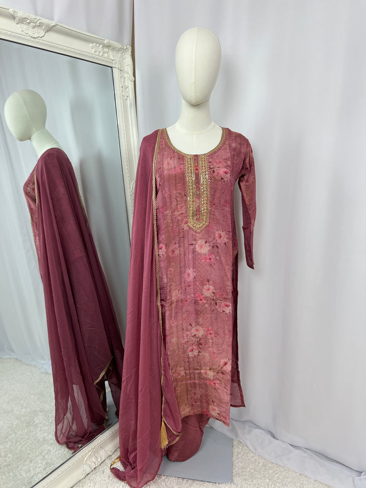 Rose Floral Straight Kurta Set with Chiffon Dupatta