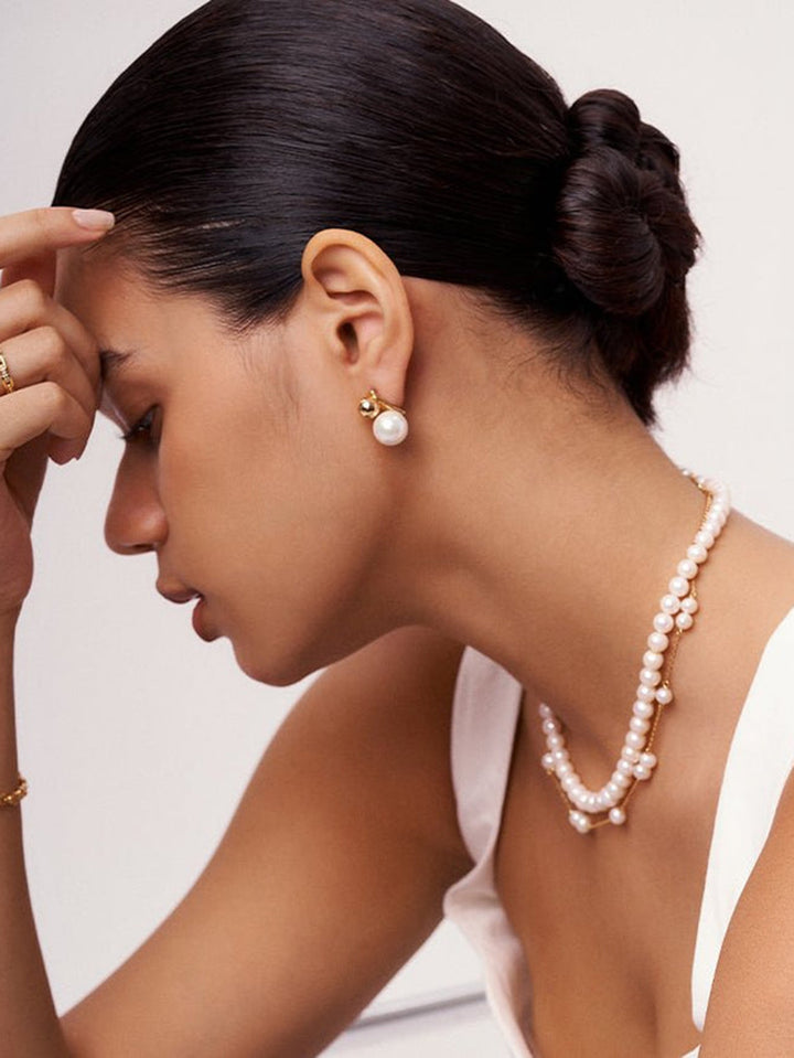 Pearl Studs Stainless Steel Round Artificial Pearls 18K Gold Plated Earrings