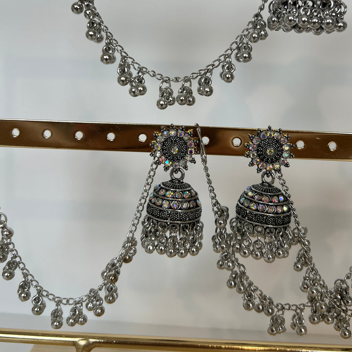Oxidised Jhumka with Beaded Drape Chain