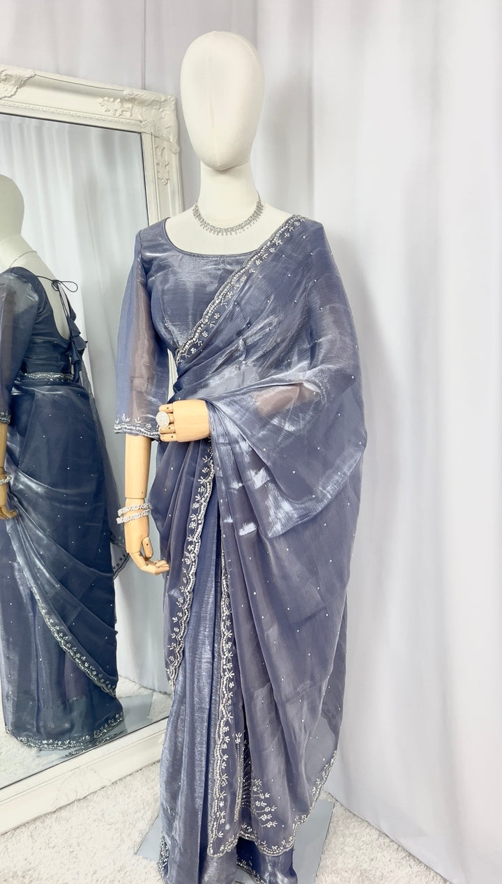 Steel Grey Jimmy Choo Saree with Readymade Blouse