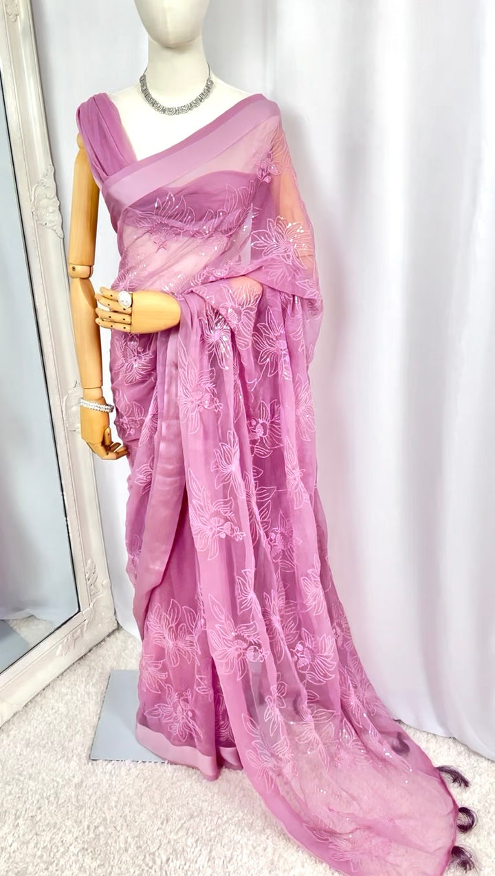 Lavender Floral Embroidered Saree