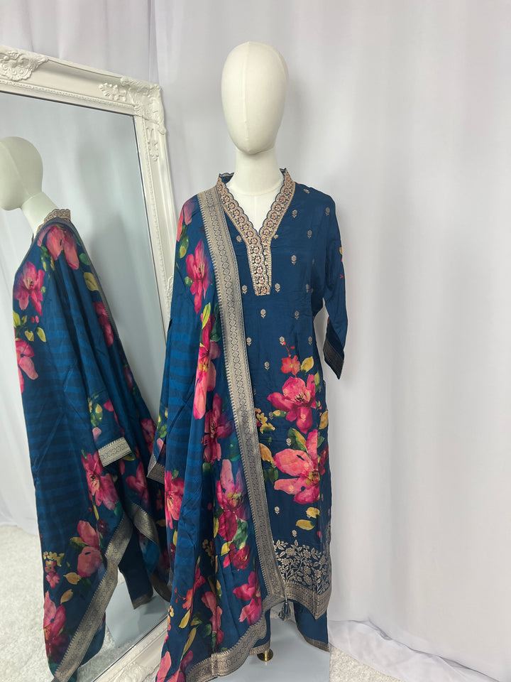 Navy Blue Floral Kurta Set with Dupatta