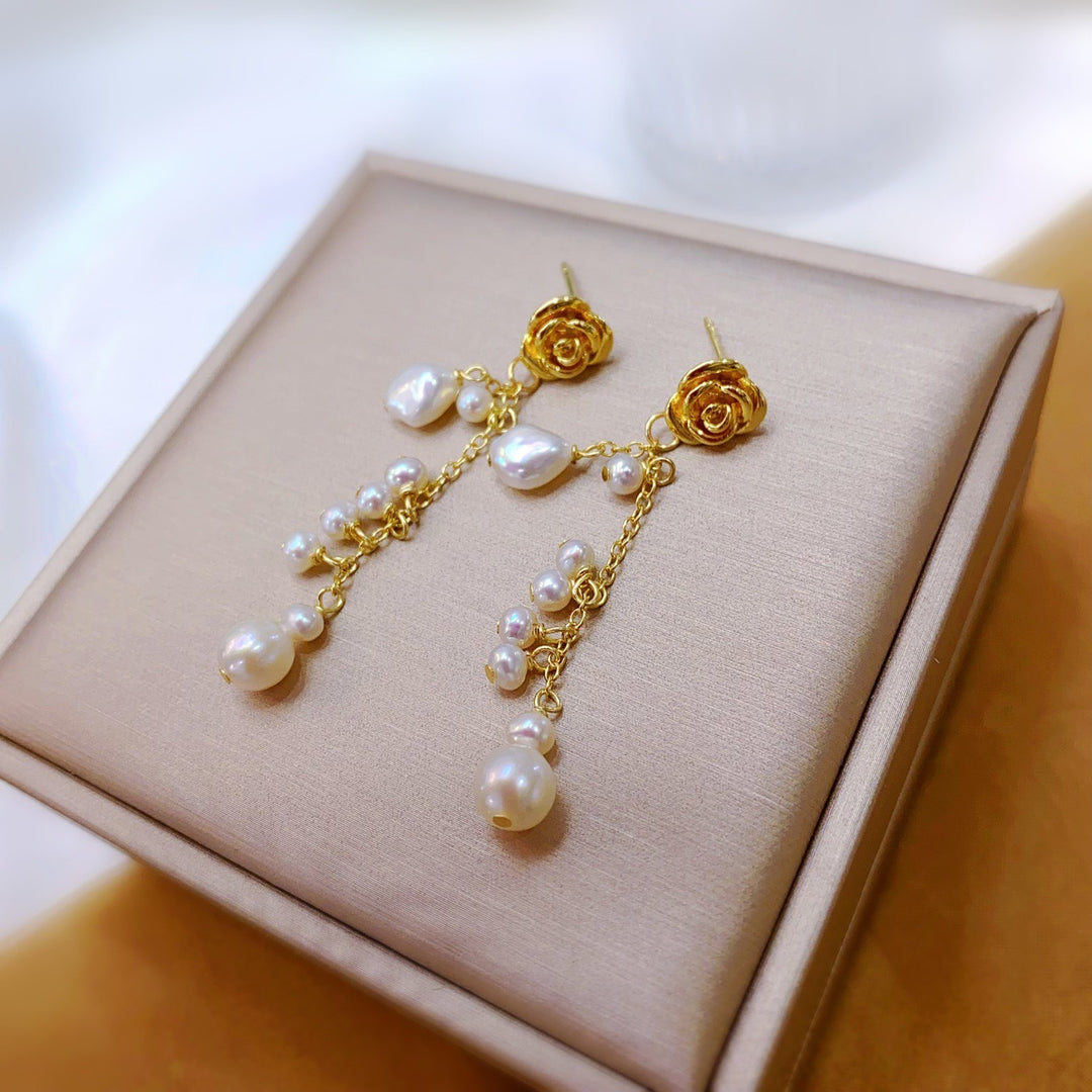 Rose Flower Freshwater Pearl Long Tassel Earrings