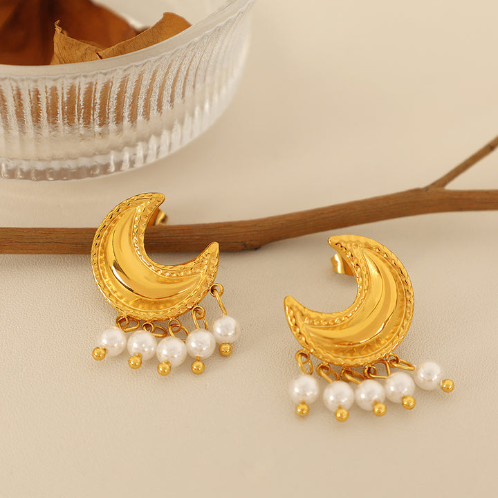 Moon Beaded Tassel Pearl Stainless Steel 18K Gold Plated Ear Studs