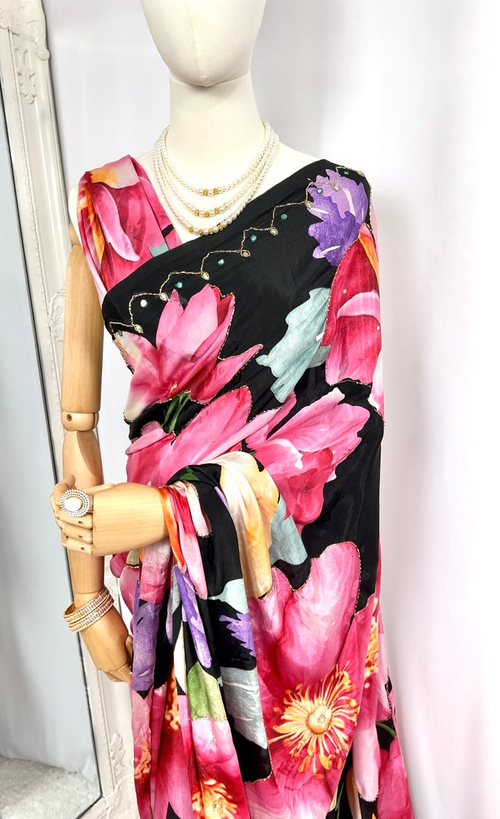 Black Floral Chiffon Saree with Silver Embroidery