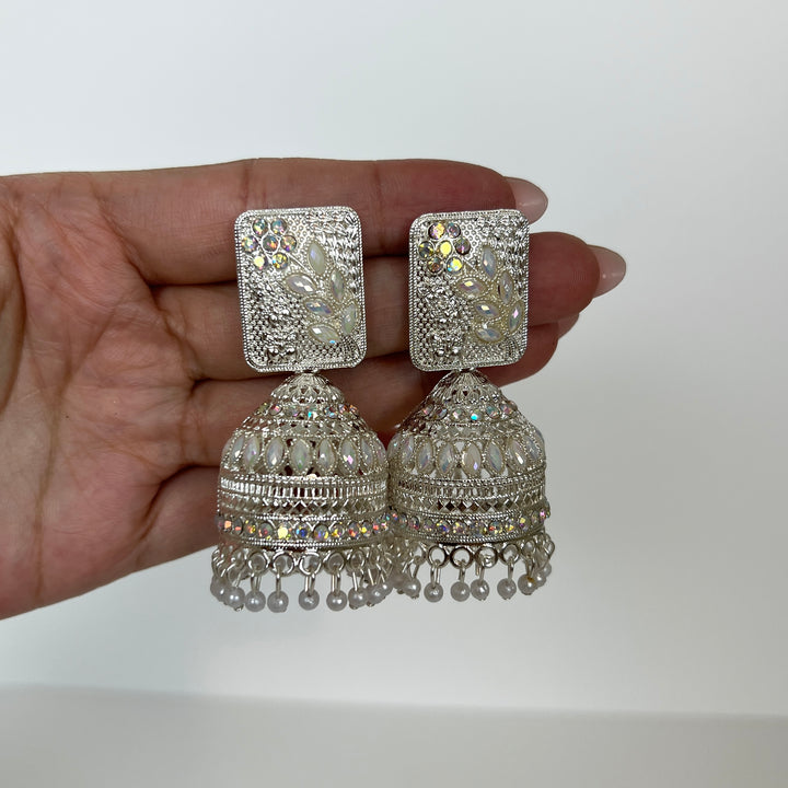 Silver Tone Rainbow Stone Jhumka Earrings