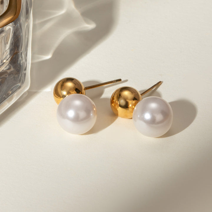 Pearl Studs Stainless Steel Round Artificial Pearls 18K Gold Plated Earrings