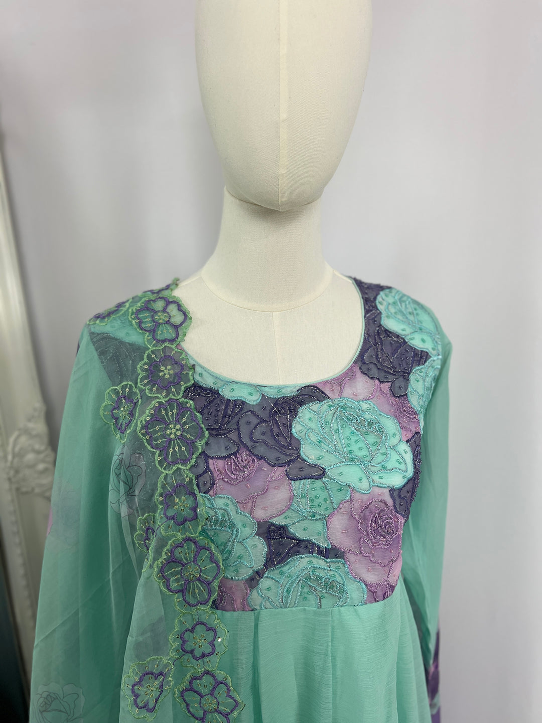 Mint &amp; Lavender Floral Chiffon Umbrella Kurta Set