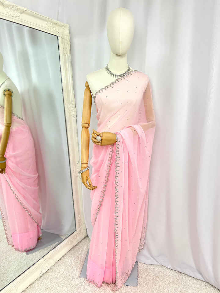 Soft Pink Embellished Saree with Silver Border