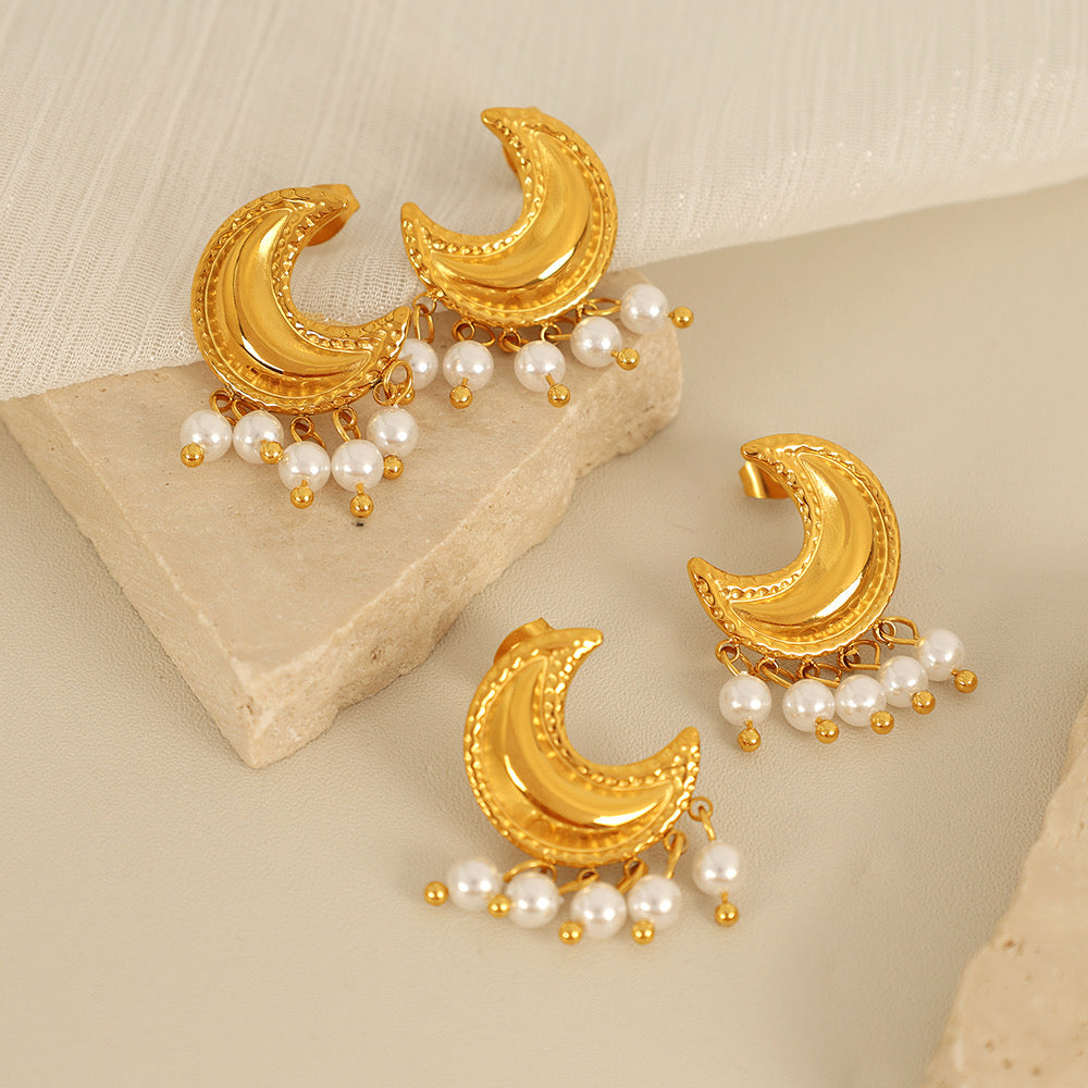 Moon Beaded Tassel Pearl Stainless Steel 18K Gold Plated Ear Studs