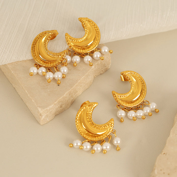 Moon Beaded Tassel Pearl Stainless Steel 18K Gold Plated Ear Studs