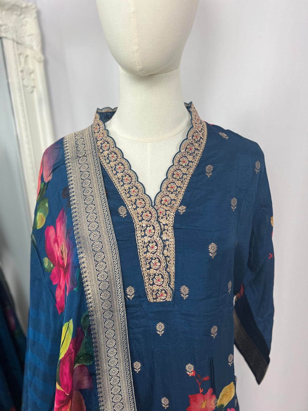 Navy Blue Floral Kurta Set with Dupatta