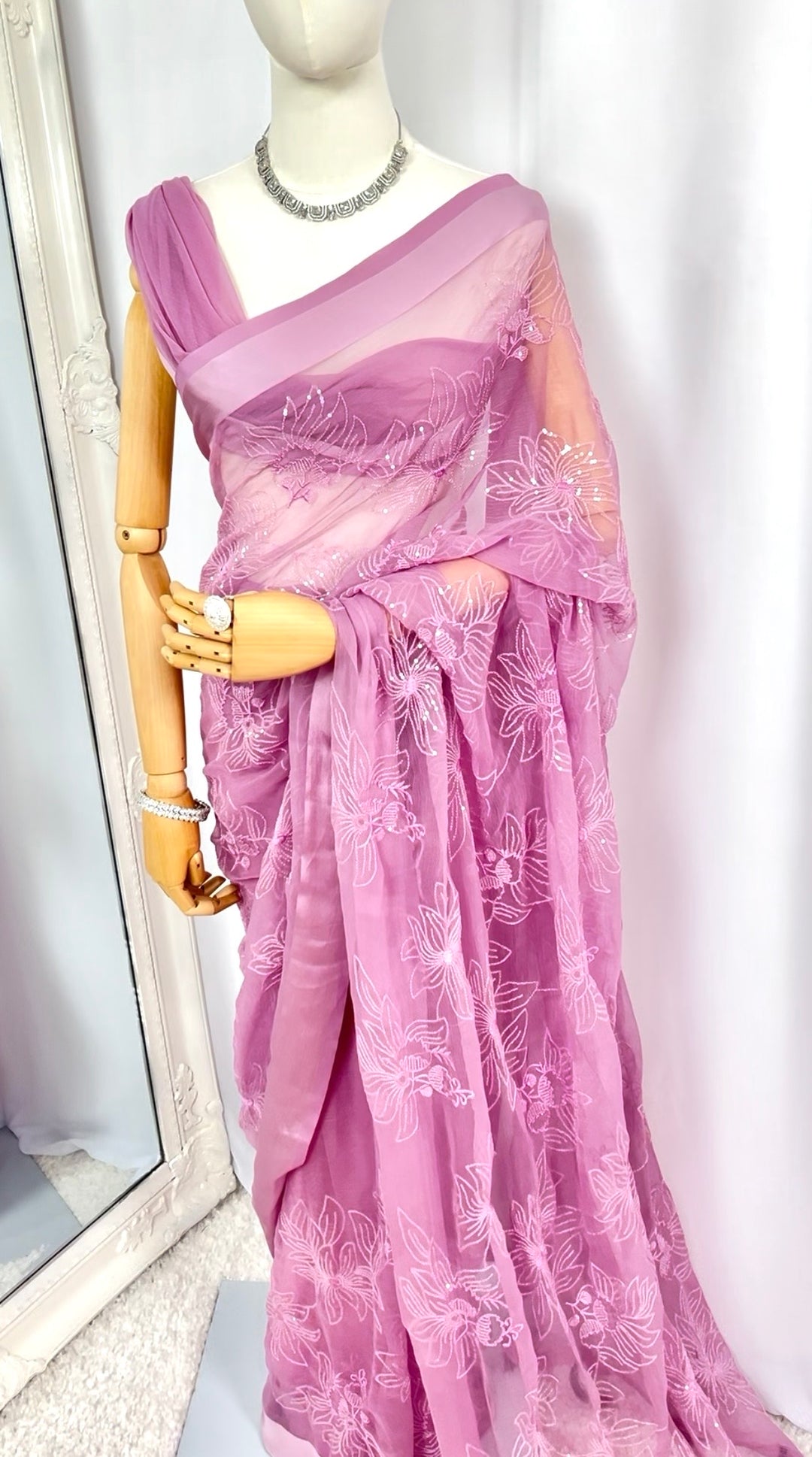 Lavender Floral Embroidered Saree