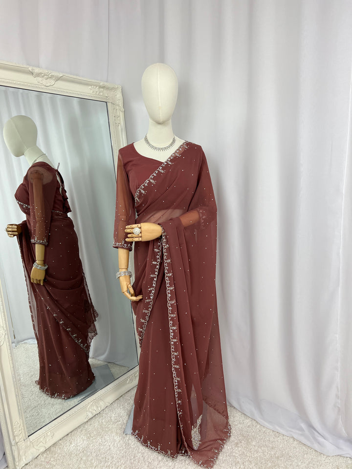 Mocha Brown Georgette Saree with Readymade Blouse