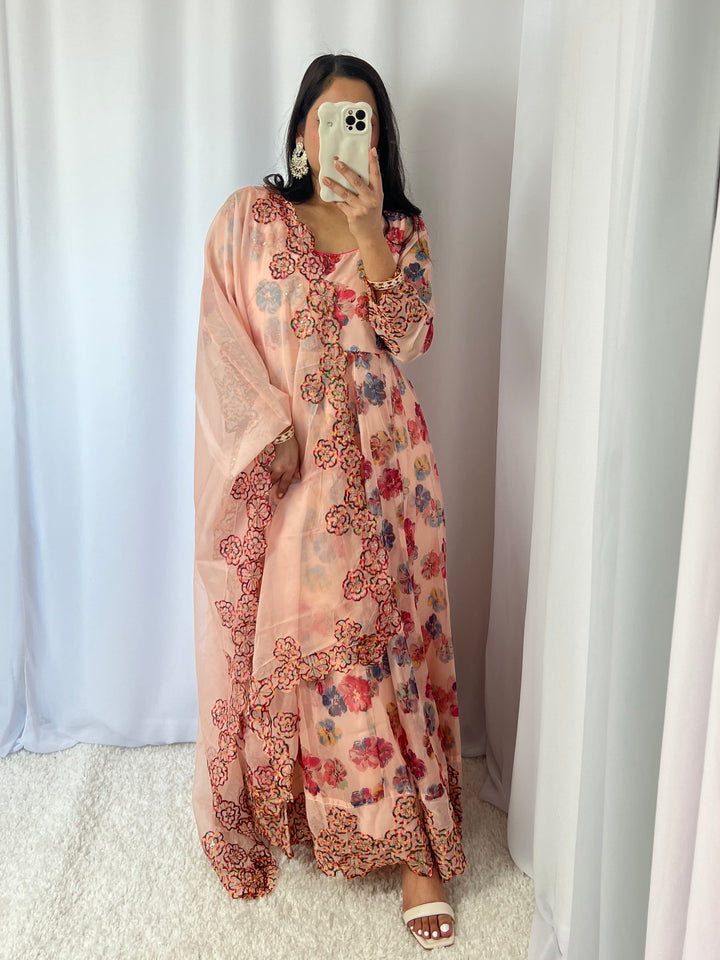 Peach Floral Chiffon Umbrella Kurta Set