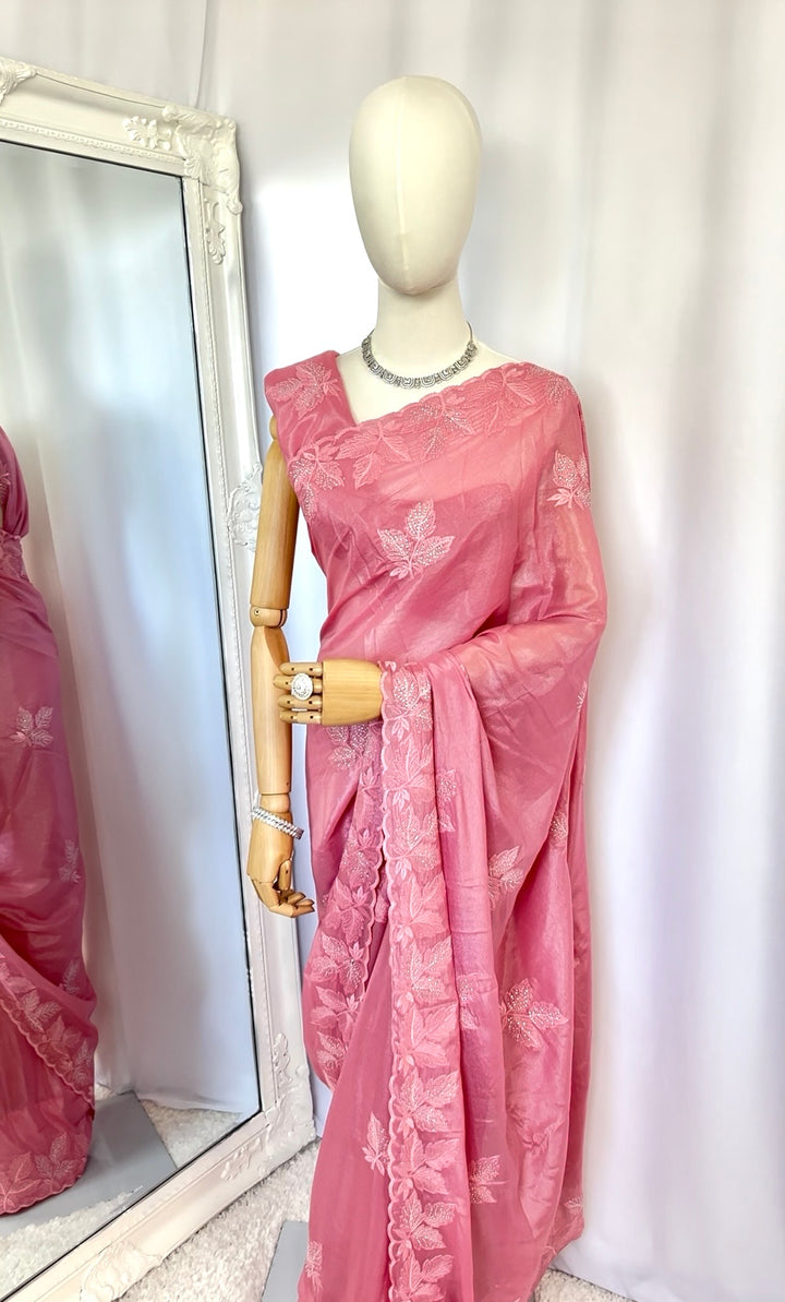 Pink Silk Saree with Silver Embroidery