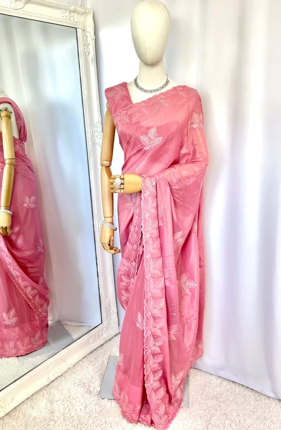 Pink Silk Saree with Silver Embroidery