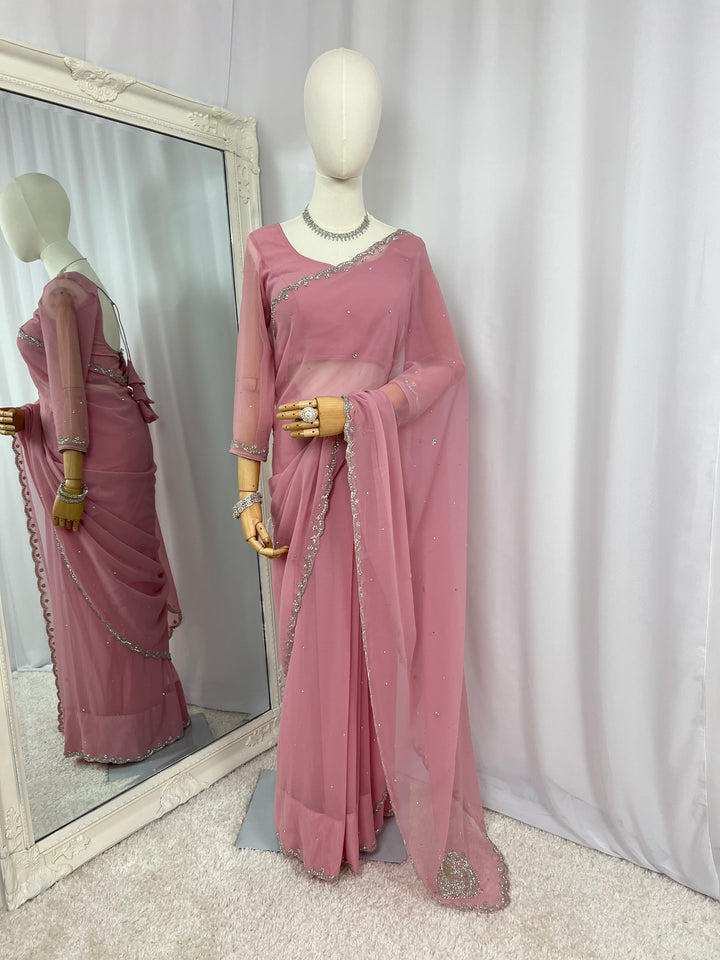 Rose Pink Georgette Saree with Readymade Blouse