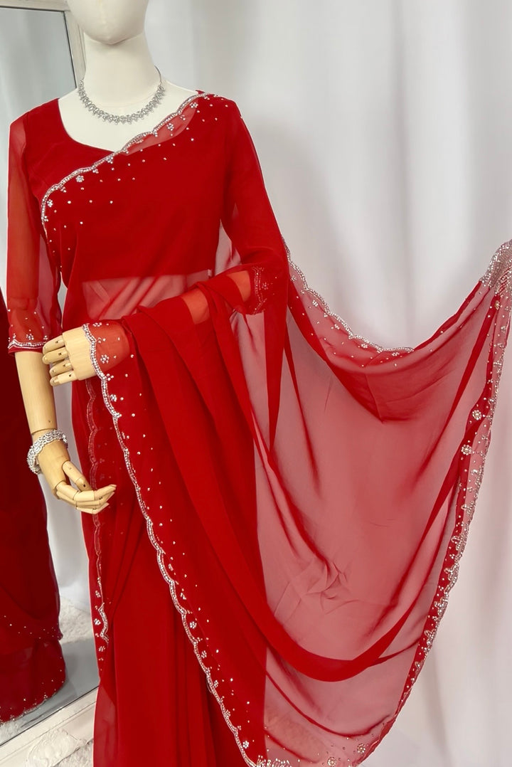 Red Georgette Saree with Readymade Blouse