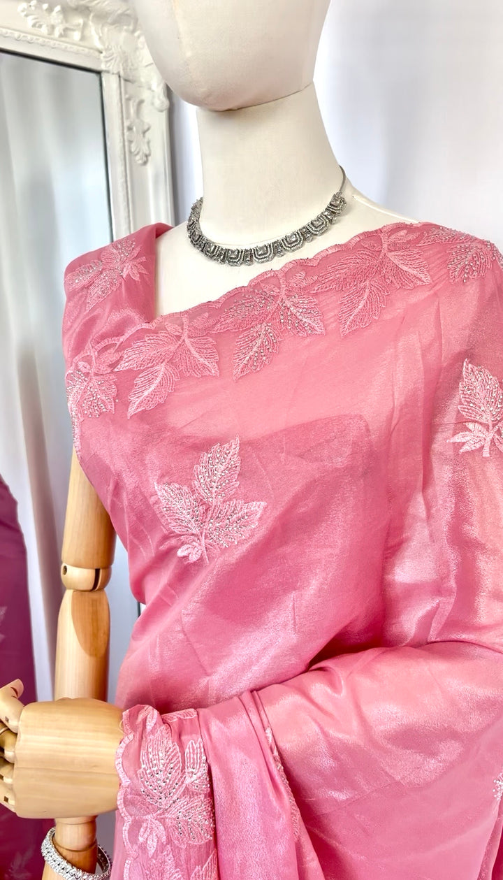 Pink Silk Saree with Silver Embroidery