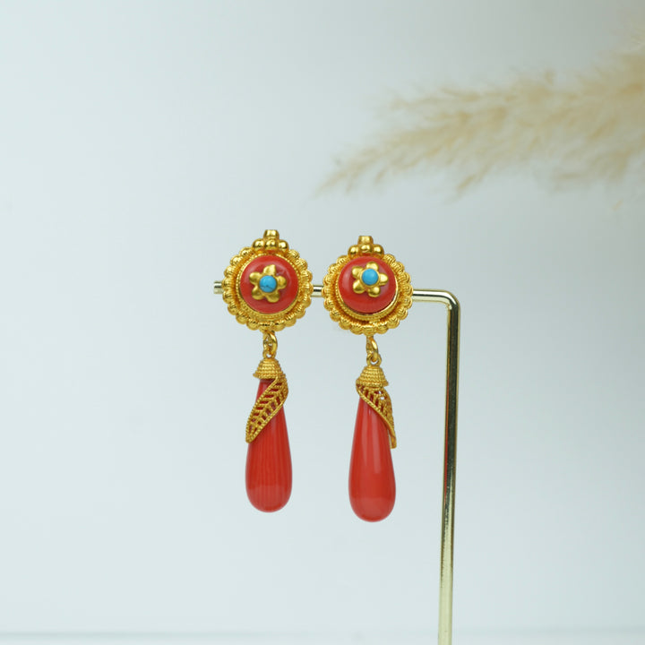 Tibetan Coral Drop Earrings