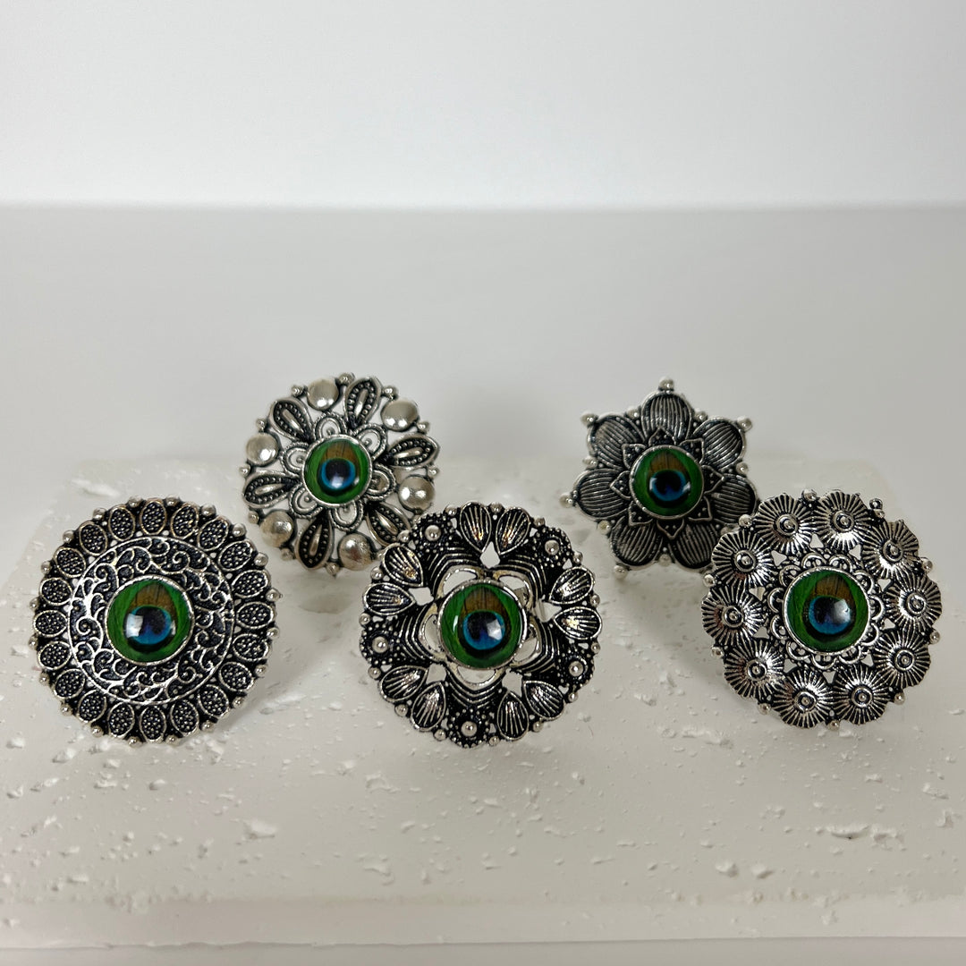 Oxidised Peacock Feather Adjustable Ring