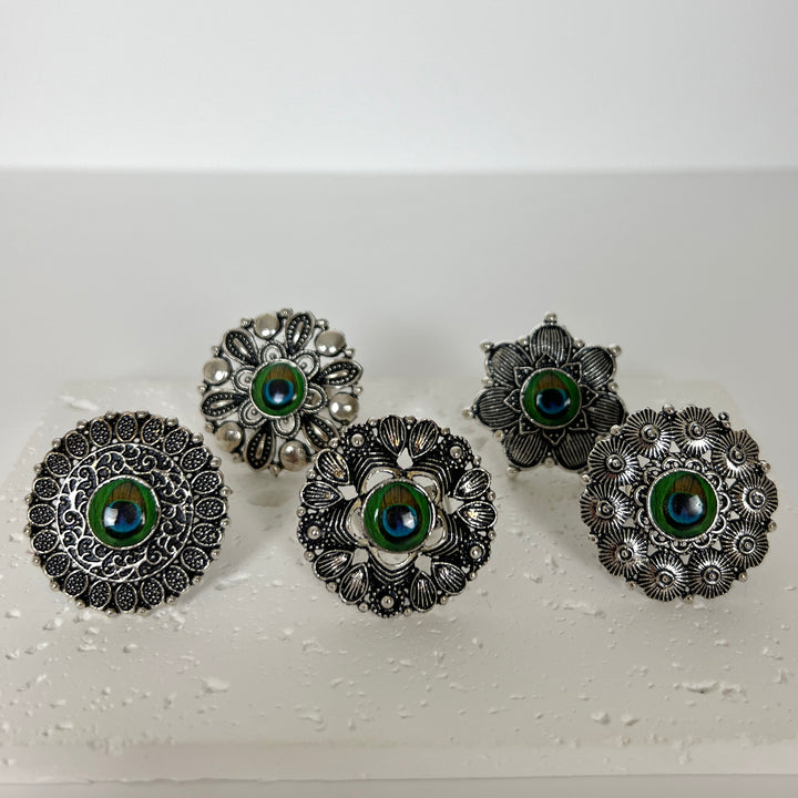 Oxidised Peacock Feather Adjustable Ring