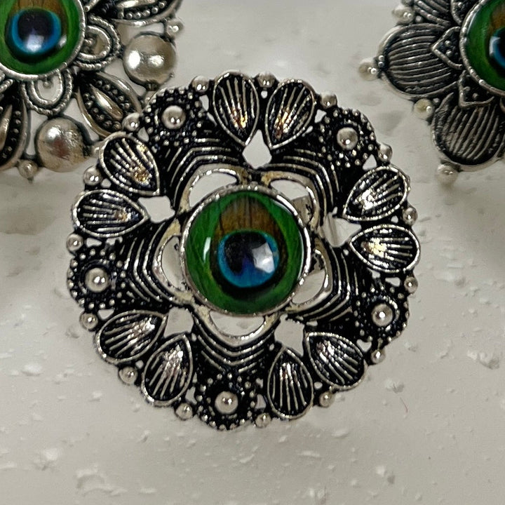 Oxidised Peacock Feather Adjustable Ring