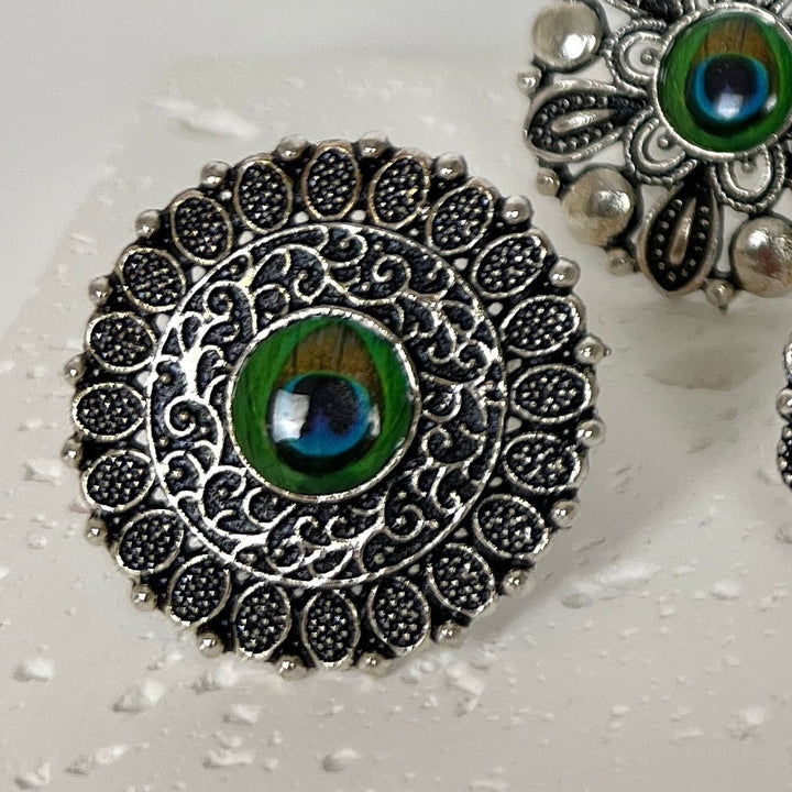 Oxidised Peacock Feather Adjustable Ring