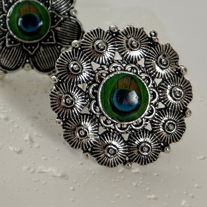Oxidised Peacock Feather Adjustable Ring