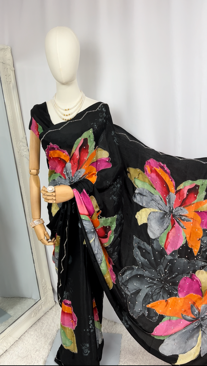 Black Floral Chiffon Saree with Silver Embroidery