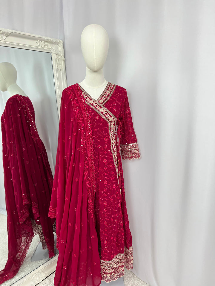 Embroidered Kurtha Set – Ruby Red