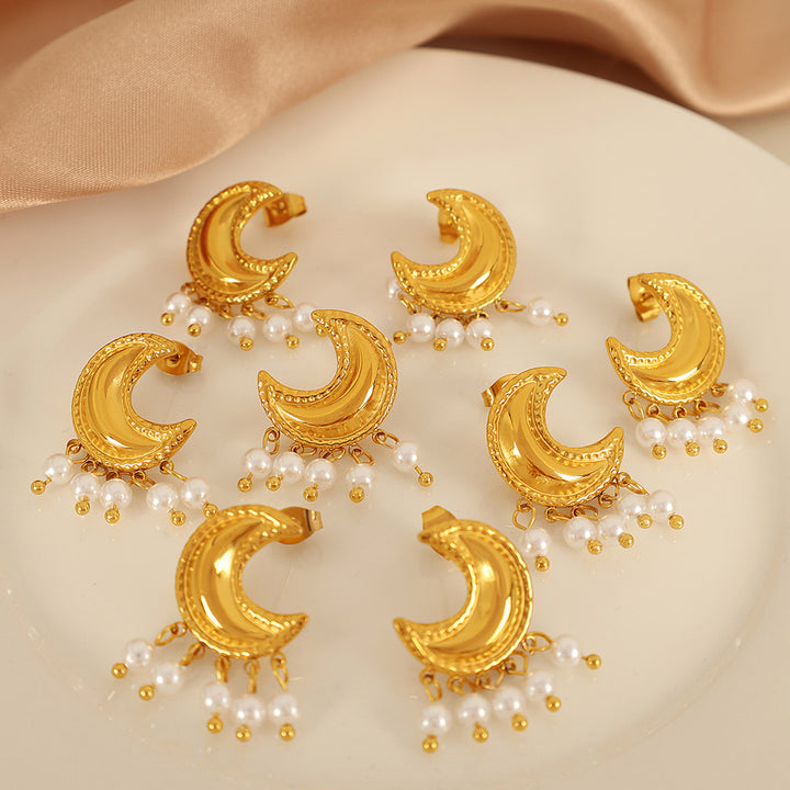 Moon Beaded Tassel Pearl Stainless Steel 18K Gold Plated Ear Studs