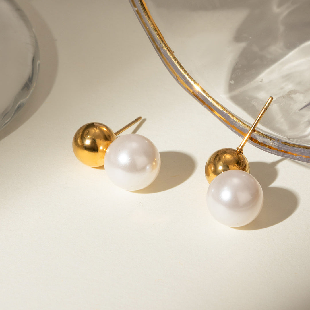 Pearl Studs Stainless Steel Round Artificial Pearls 18K Gold Plated Earrings