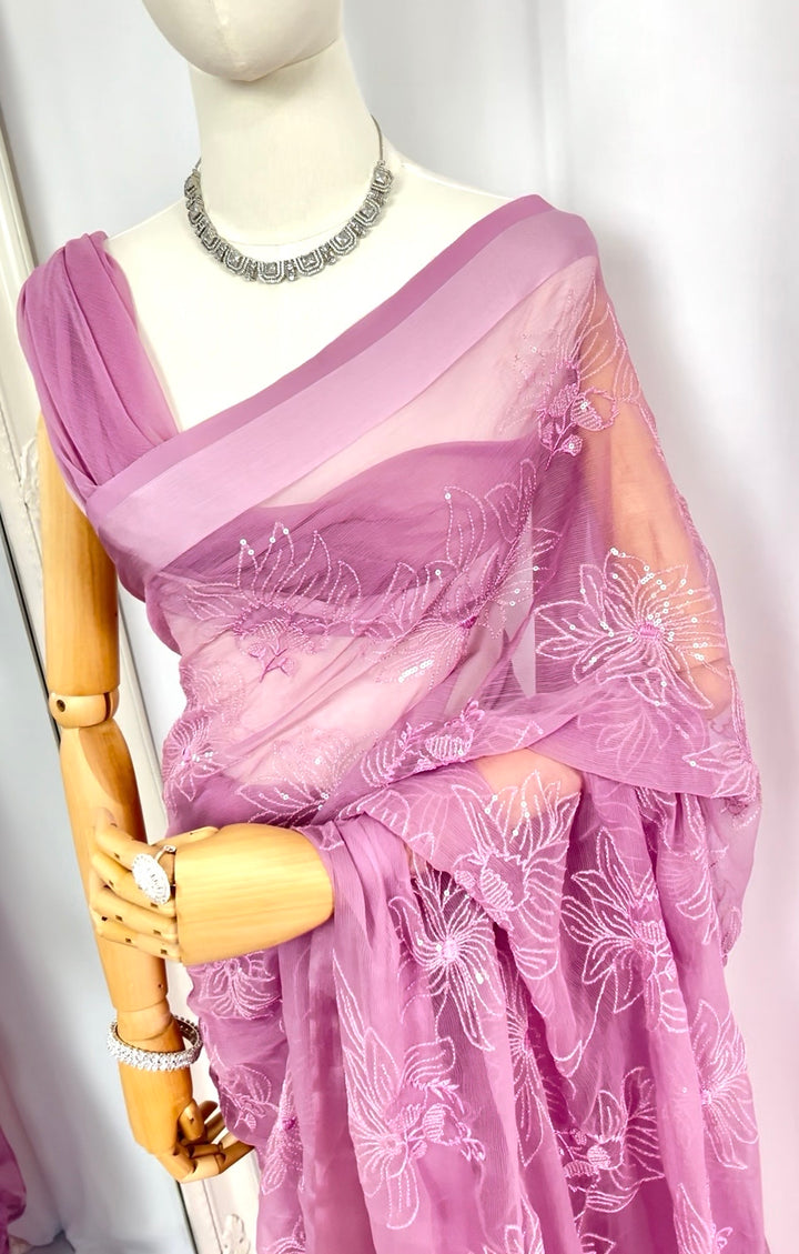Lavender Floral Embroidered Saree
