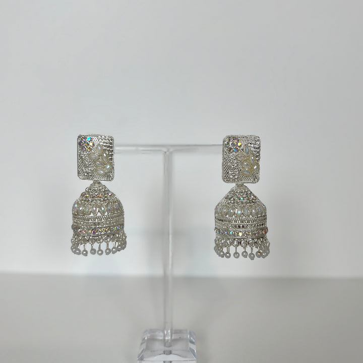 Silver Tone Rainbow Stone Jhumka Earrings