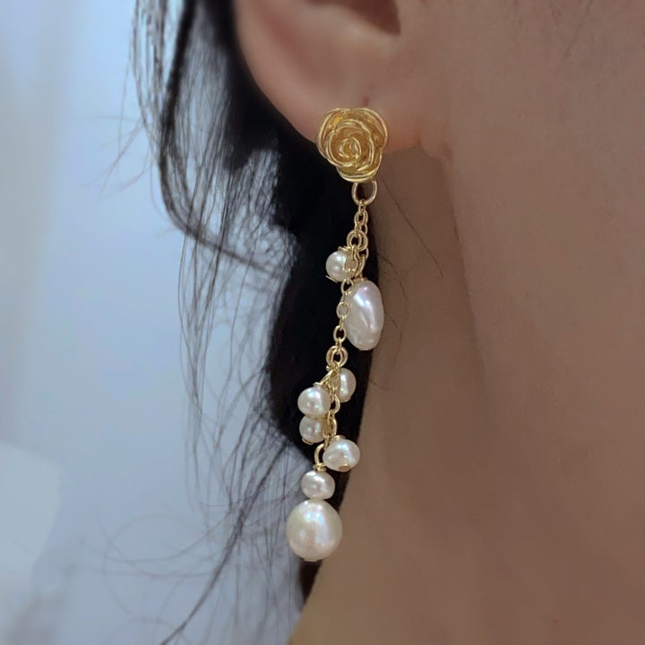 Rose Flower Freshwater Pearl Long Tassel Earrings