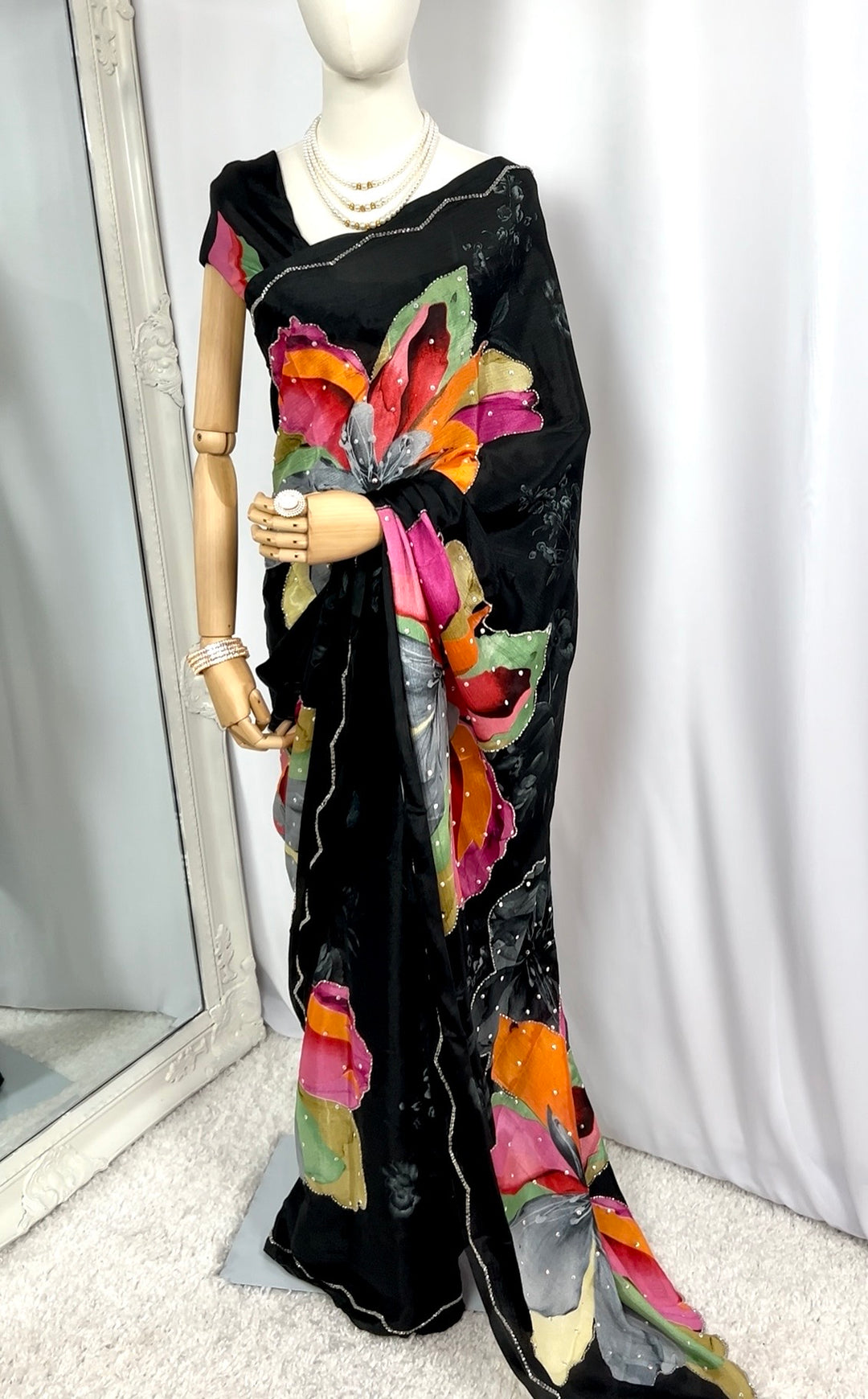 Black Floral Chiffon Saree with Silver Embroidery
