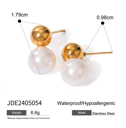 Pearl Studs Stainless Steel Round Artificial Pearls 18K Gold Plated Earrings