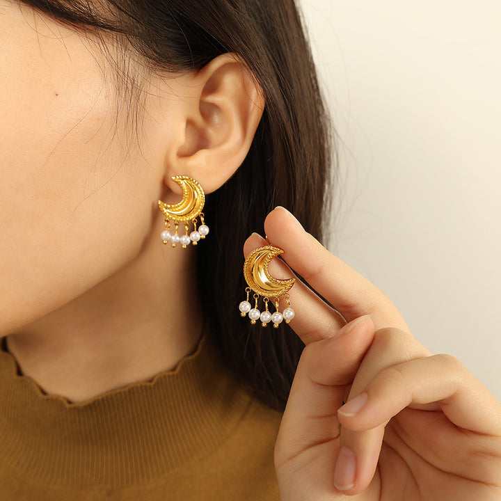 Moon Beaded Tassel Pearl Stainless Steel 18K Gold Plated Ear Studs
