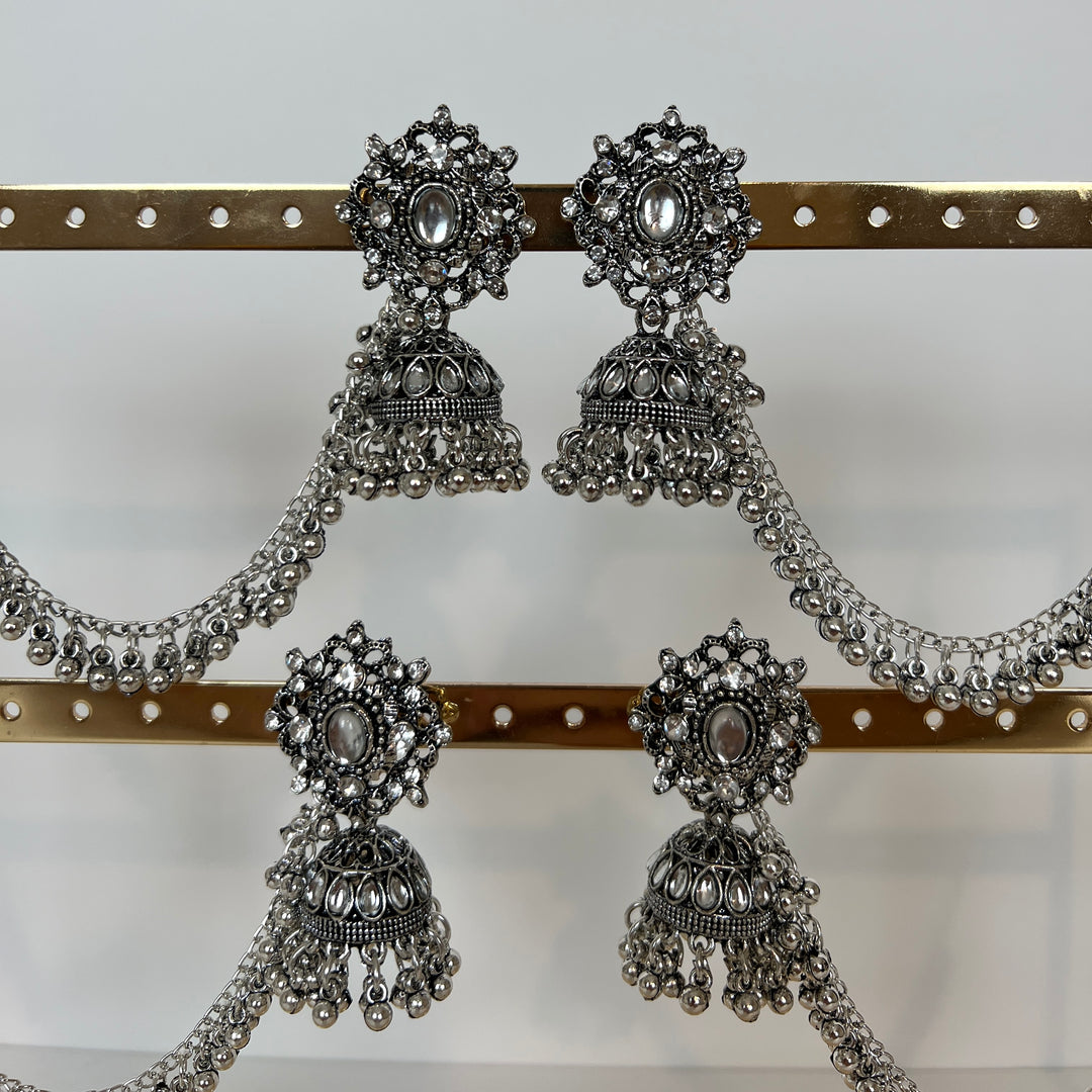 Oxidised Jhumka with Beaded Drape Chain