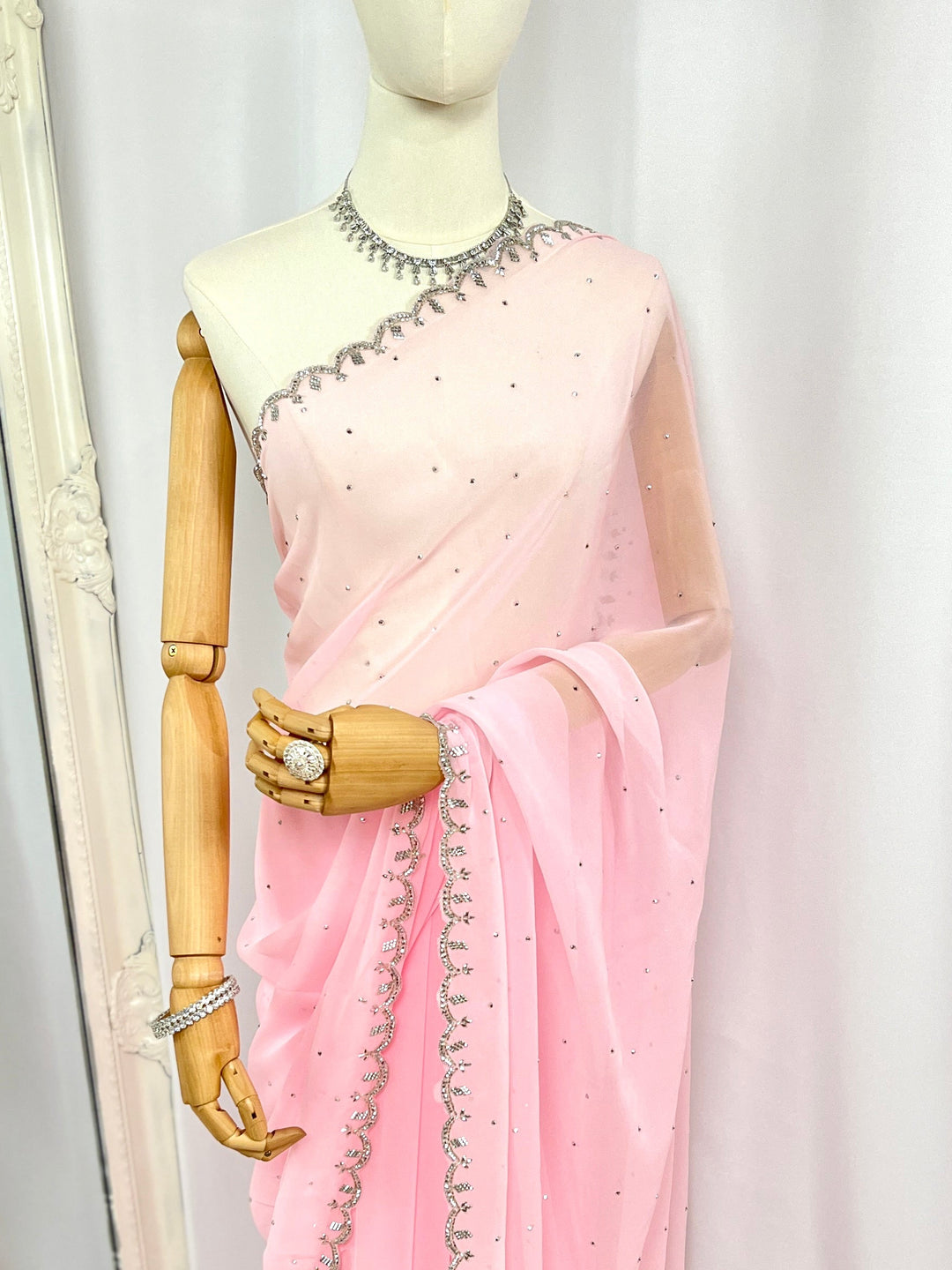 Soft Pink Embellished Saree with Silver Border