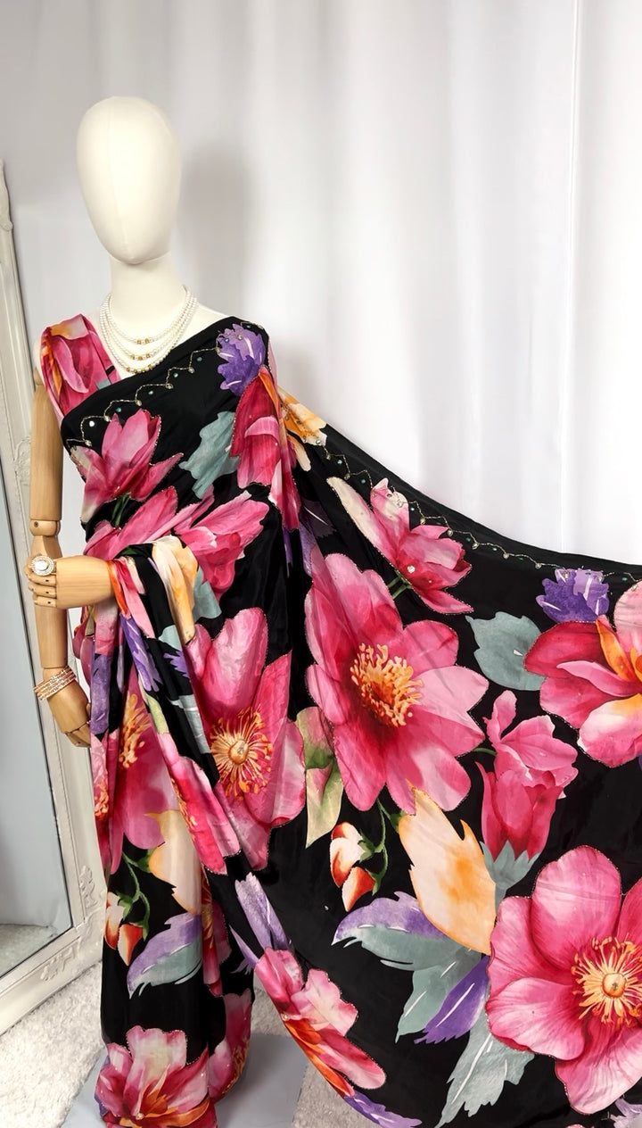 Black Floral Chiffon Saree with Silver Embroidery
