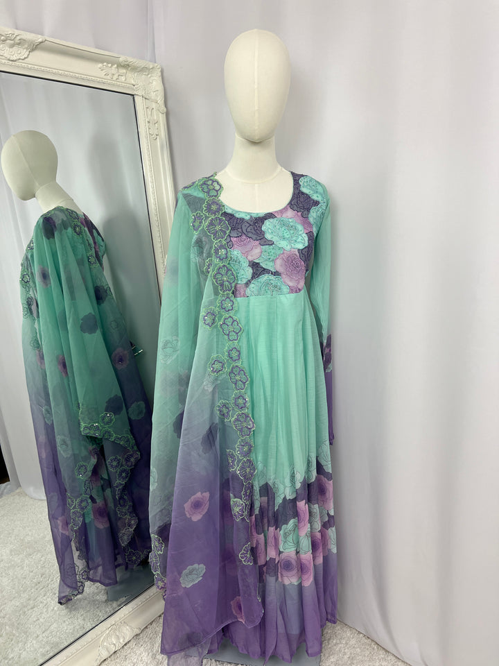 Mint &amp; Lavender Floral Chiffon Umbrella Kurta Set