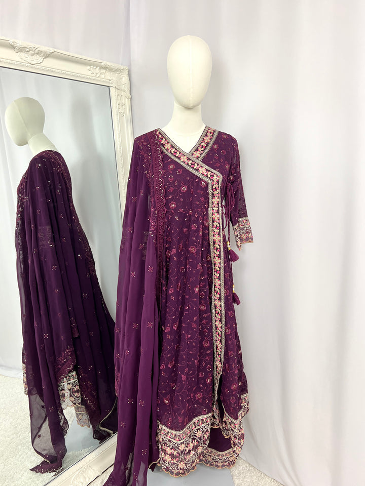 Embroidered Kurtha Set with Trousers &amp; Shawl – Plum Purple